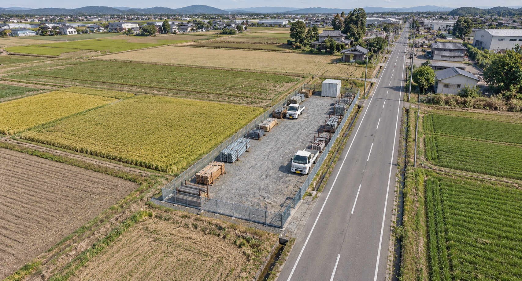 呉崎の航空写真を参考にした資材置場の完成イメージ。敷地境界・配置は仮定。